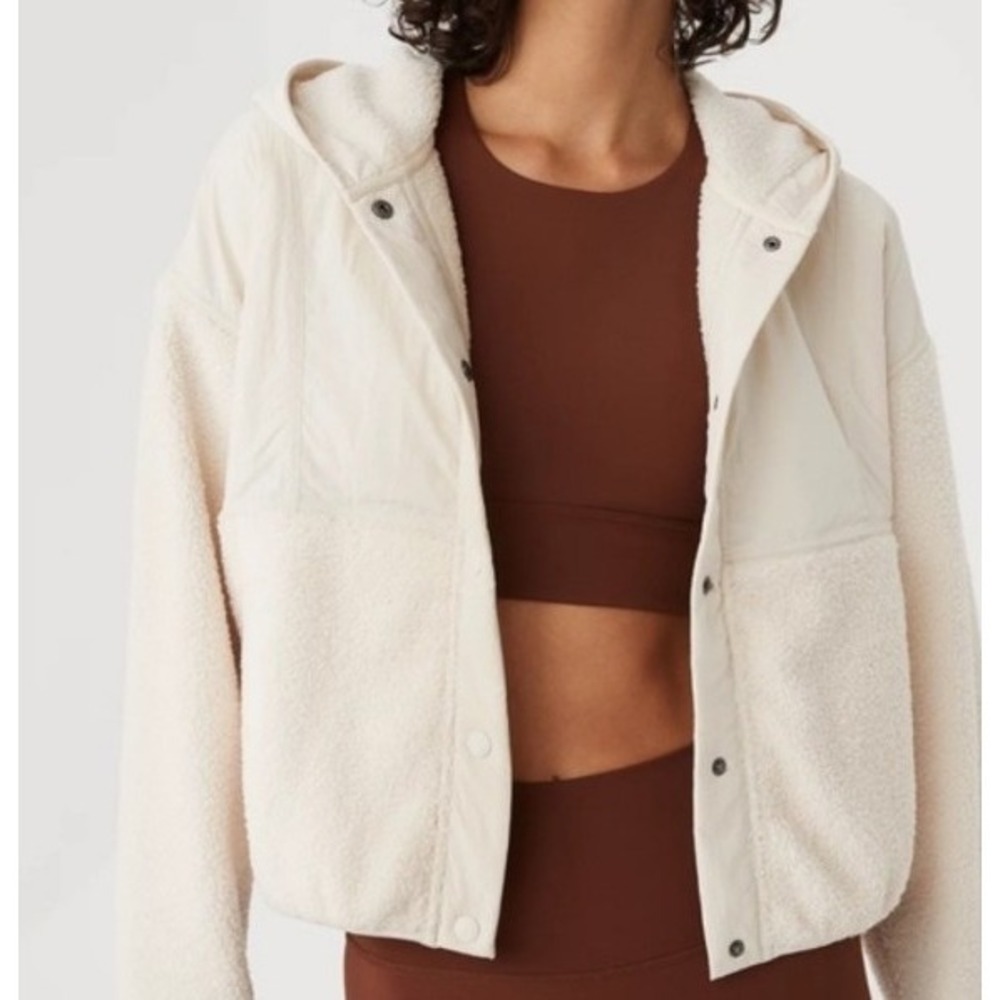 Aerie Offline Fluff Love Sherpa Crop Boxy Jacket hood Cream boho Women SZ XXL